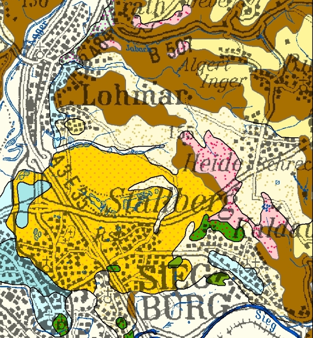 blau = Mittelterrasse, rosa = Hauptterrasse, orange = tertiäre Meeressedimente, hellgelb = Flugsand, gelb = Löss, braun = Schiefergebirge (Devon)